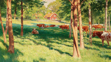 обоя рисованное, животные,  коровы, картина, ферма, живопись