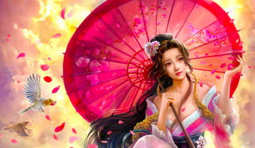 Картинка фэнтези девушки фантастика зонтик девушка восток голубь cao yuwen