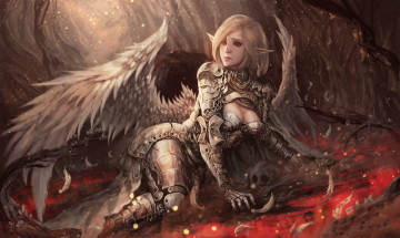 Картинка фэнтези ангелы фон девушка крылья латы взгляд