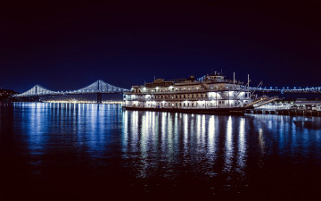 Картинка корабли пароходы мост огни вечер река