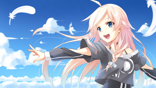 Обои картинки фото аниме, vocaloid, девочка, перья, облака, радость