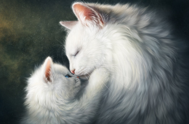 Обои картинки фото рисованное, животные,  коты, котенок, белый, кошка, малыш, мама, чувства, коты