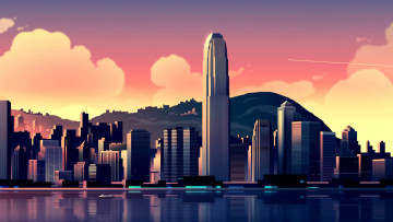 Картинка векторная+графика город+ city китай залив гонконг дома побережье горы пейзаж облака