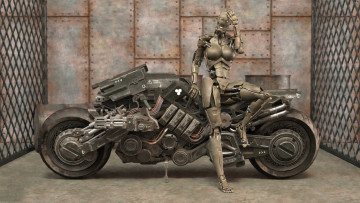 Картинка 3д+графика фантазия+ fantasy девушка робот фон мотоцикл