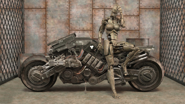 Обои картинки фото 3д графика, фантазия , fantasy, девушка, робот, фон, мотоцикл