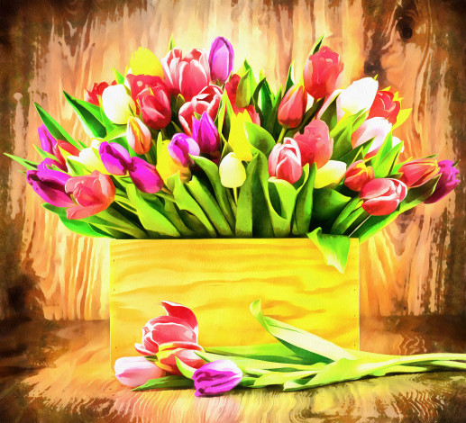 Обои картинки фото коробка с тюльпанами, разное, компьютерный дизайн, тюльпаны, коробка, рисованная