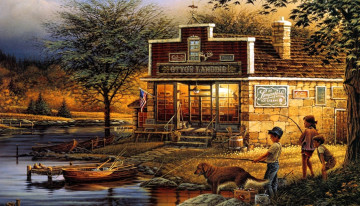 Картинка рисованное terry+redlin дети рыбалка собака дом река лодки