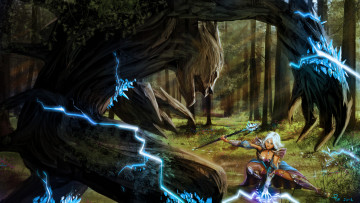 Картинка фэнтези маги посох кристаллы молния лес монстр маг волшебница девушка битва