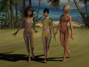 Картинка 3д+графика люди+ people бикини пальмы море фон взгляд девушки