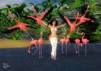 Картинка 3д+графика люди+ people фон взгляд девушка вода фламинго