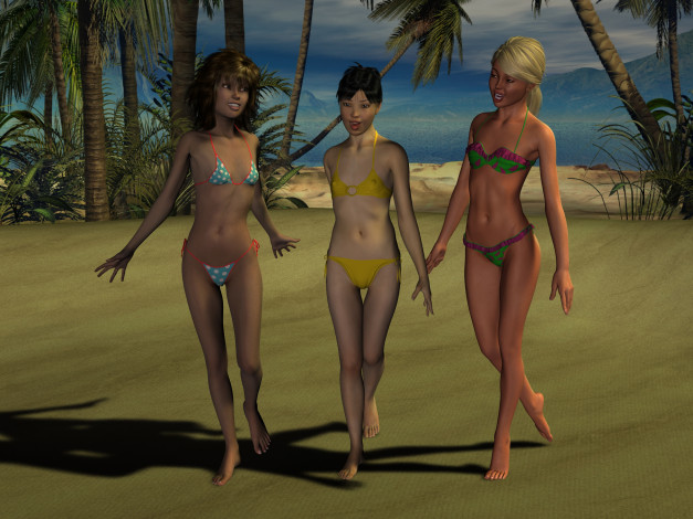Обои картинки фото 3д графика, люди , people, бикини, пальмы, море, фон, взгляд, девушки