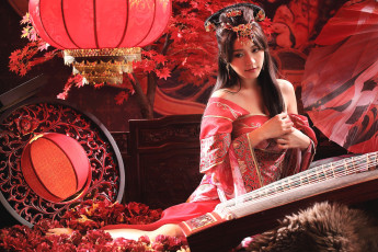 Картинка девушки -unsort+ азиатки девушка этно азиатка костюм фонарики национальный китайский прическа украшения