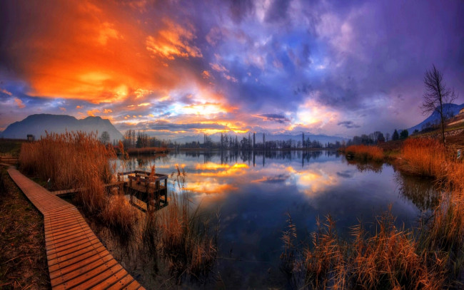 Обои картинки фото природа, реки, озера, озеро, облака, закат