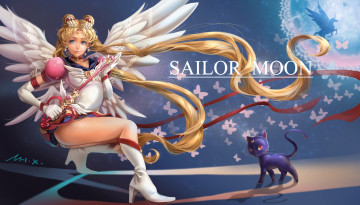 обоя аниме, sailor moon, usagi, воин, девушка, кошка, луна, tsukino