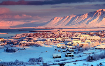 обоя города, рейкьявик , исландия, зима, панорама, здания, снег, горы
