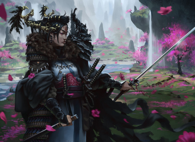 Обои картинки фото фэнтези, девушки, девушка, самурай, доспехи, меч