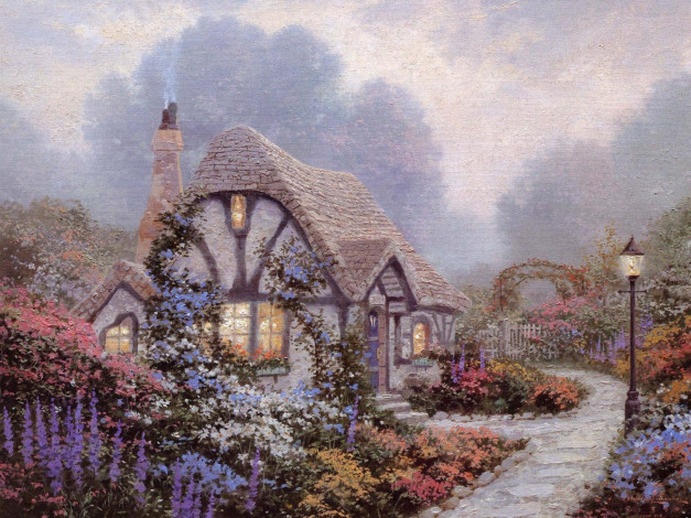 Обои картинки фото рисованное, thomas kinkade, дорожка, сад, фонари, цветы, коттедж, дом