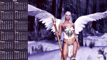 обоя календари, 3д-графика, дерево, ангел, жезл, крылья, девушка