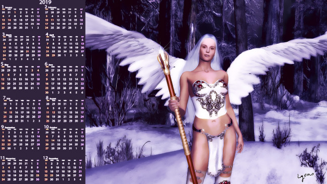 Обои картинки фото календари, 3д-графика, дерево, ангел, жезл, крылья, девушка