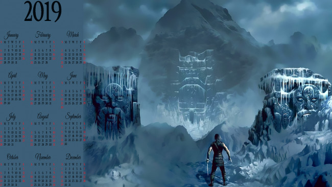 Обои картинки фото календари, фэнтези, элемент, строение, снег, оружие, человек