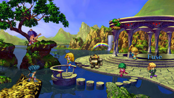 обоя видео игры, saga frontier remastered, персонажи, острова, радуга, дерево, скалы