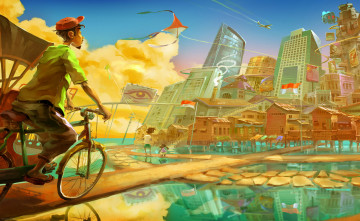 Картинка рисованное города велорикша город озера дорожки