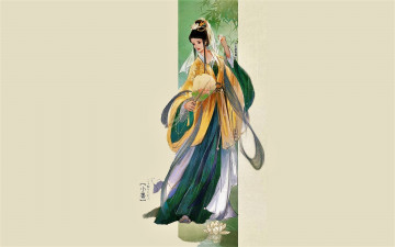 Картинка рисованное люди девушка бамбук веер лотос