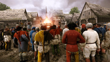 обоя видео игры, kingdom come,  deliverance, люди, толпа, деревня, дома, костер, аутодафе
