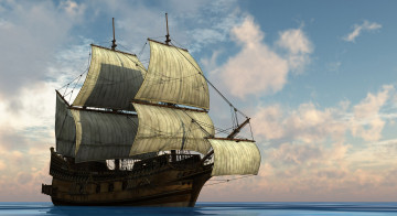 Картинка корабли 3d облака фрегат парусник море