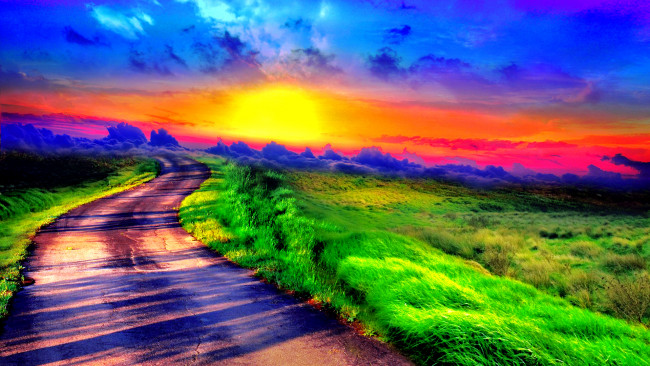 Обои картинки фото sunset, path, природа, дороги, закат, краски, поле, дорога