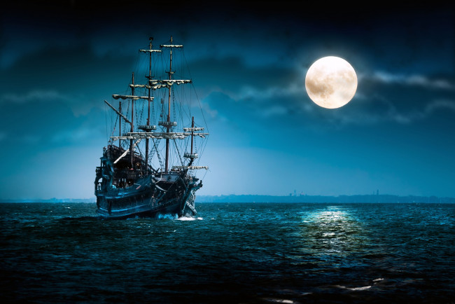 Обои картинки фото корабли, парусники, море, луна, фрегат