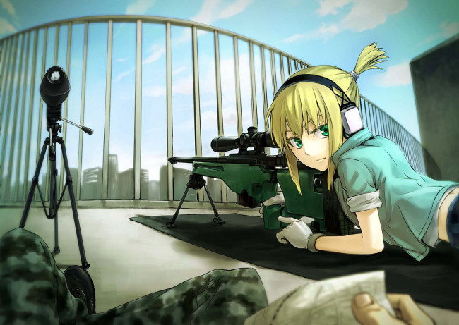 Обои картинки фото аниме, weapon, blood, technology, наушники, l96a1, оружие, девушка