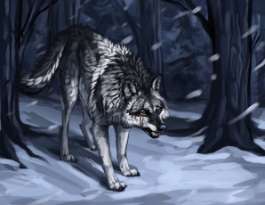 обоя рисованное, животные,  волки, волк, снег, лес, кровь