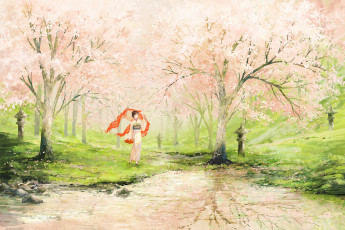 Картинка рисованное люди девушка деревья сакура