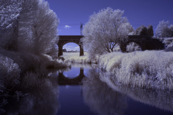 Картинка природа реки озера деревья мост река зима отражение