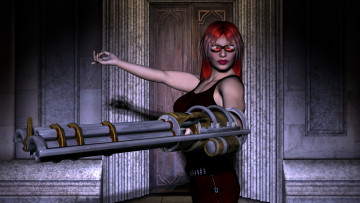 Картинка 3д+графика фантазия+ fantasy фон рыжая девушка взгляд очки оружие