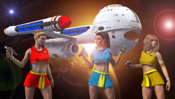 Картинка 3д+графика фантазия+ fantasy космический корабль взгляд девушки планета полет вселенная оружие