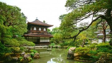 Картинка города -+здания +дома пруд вода сосны парк зелень пагода Япония