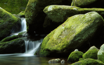 Картинка природа водопады мох камни поток