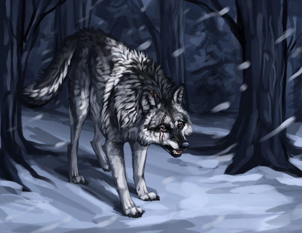 Обои картинки фото рисованное, животные,  волки, волк, снег, лес, кровь