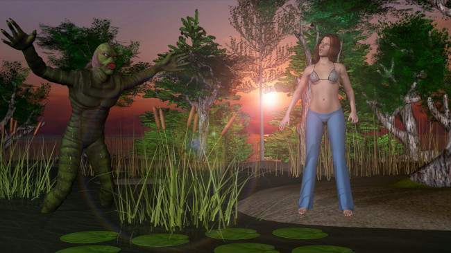 Обои картинки фото 3д графика, фантазия , fantasy, лес, зомби, болото, закат, фон, взгляд, девушка