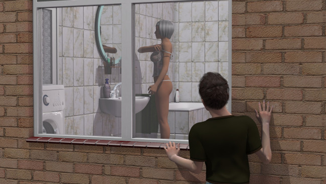 Обои картинки фото 3д графика, люди , people, парень, окно, ванная, фон, взгляд, девушка
