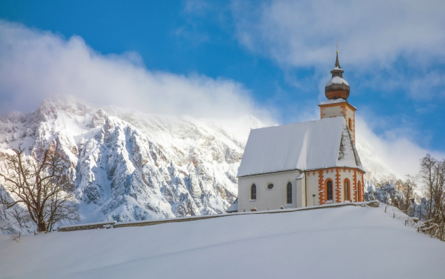 Обои картинки фото города, - православные церкви,  монастыри, церковь, снег, альпы, динтен, austria, alps, dienten, am, hochkonig, зима, горы, австрия
