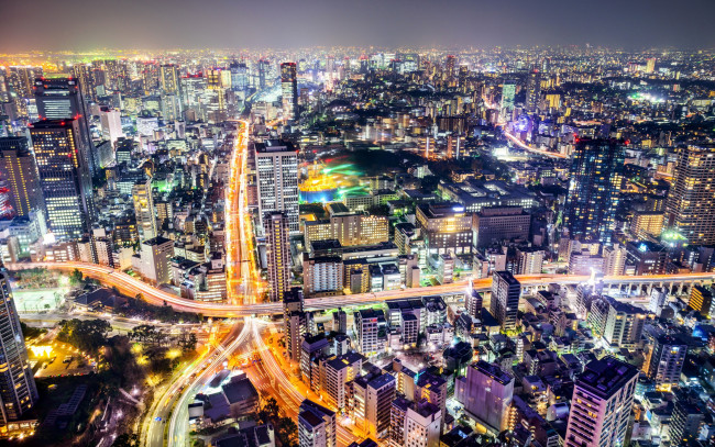 Обои картинки фото города, токио , Япония, ночь, огни, яркие, панорама, дороги, дома, улицы, мегаполис, tokyo, токио