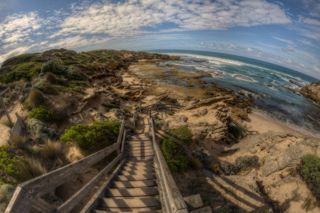 Обои картинки фото природа, побережье, лестница, панорама, пляж, океан