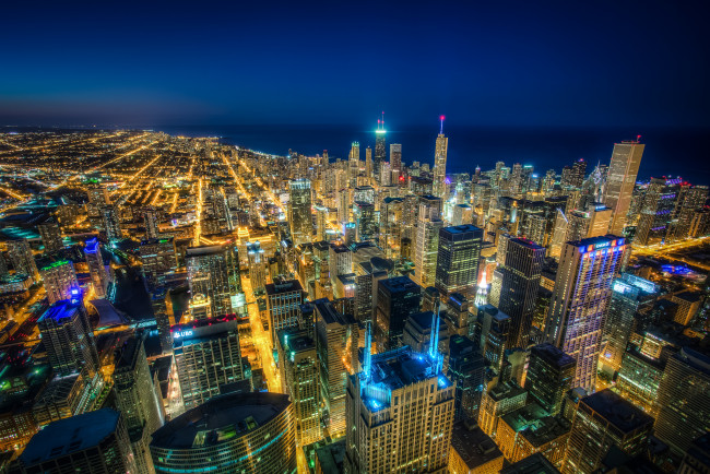 Обои картинки фото chicago, города, Чикаго , сша, ночь, огни, небоскребы, панорама