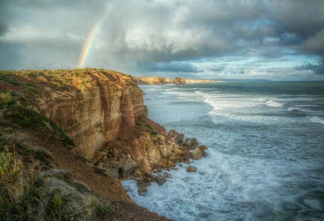 Обои картинки фото природа, радуга, скалы, море