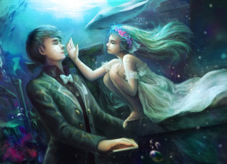 Картинка аниме животные +существа девушка парень пианино под водой кит