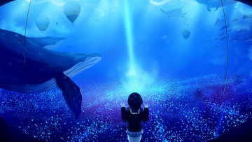 Картинка аниме животные +существа девушка школьная форма океанариум киты скаты рыбы