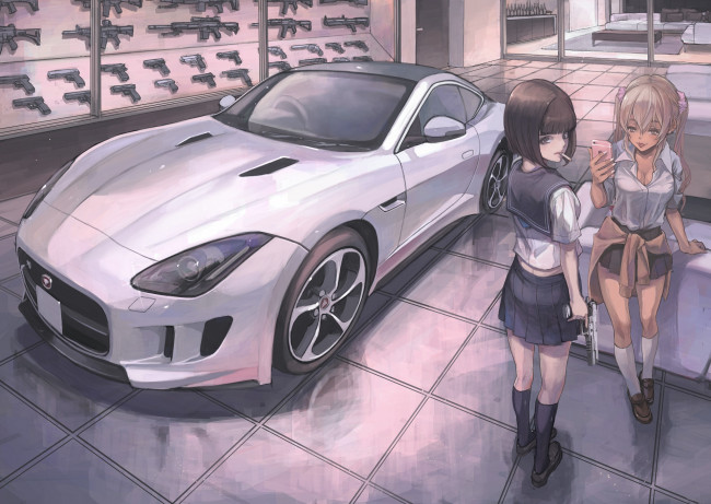 Обои картинки фото аниме, unknown,  другое, взгляд, автомобиль, фон, девушки